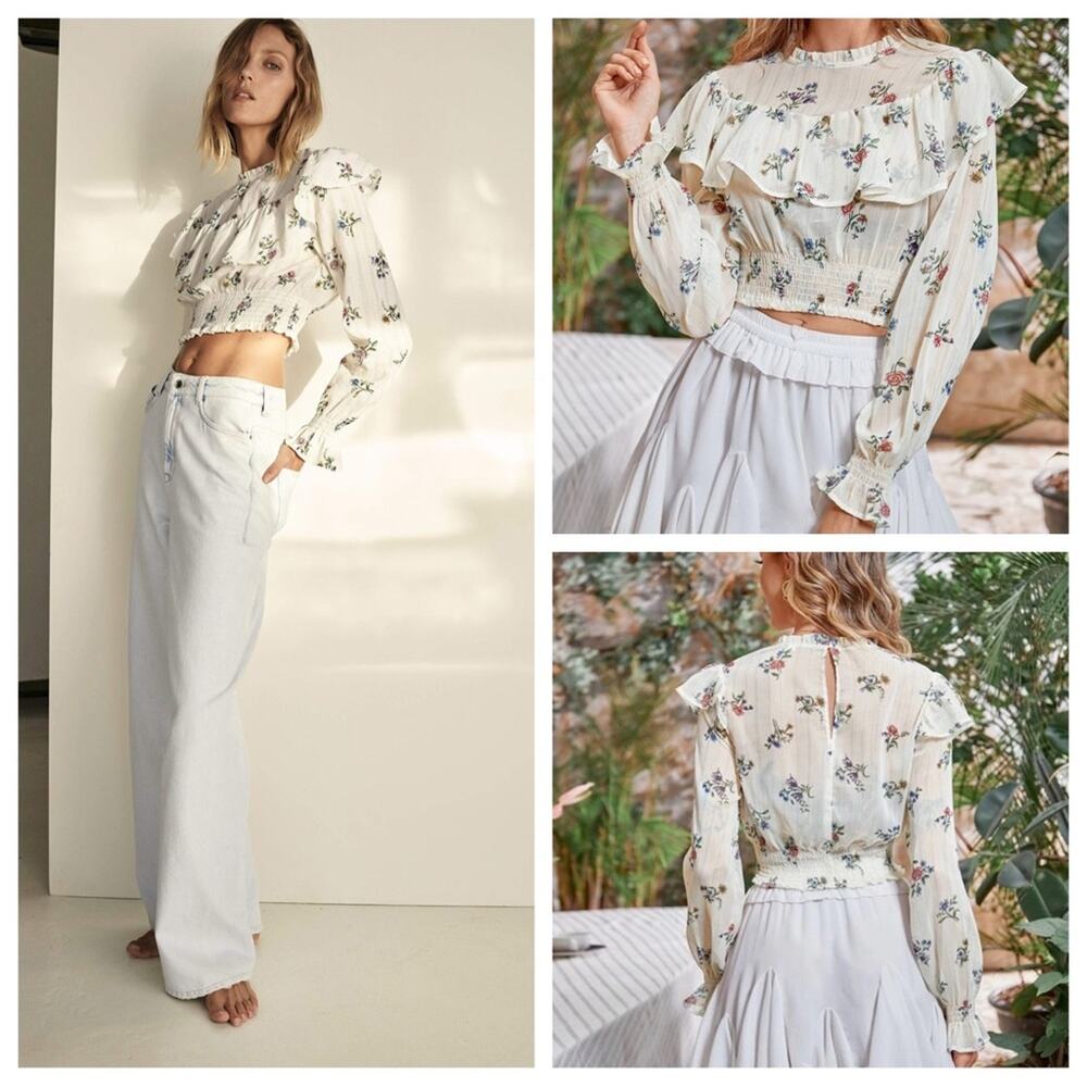 ZARA Floral Print Ruffle Trim Blouse Size M Long Sleeve